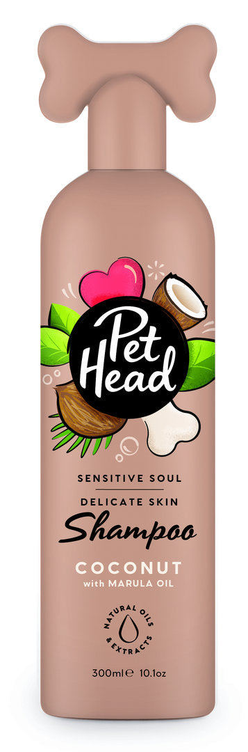 Pet Head Sensitive Soul Shampoo für empfindliche Hundehaut mit Kokosduft in beigefarbener Flasche mit Knochen-Deckel.