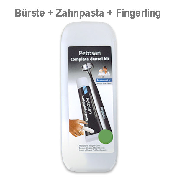 Weißes Petosan Complete Dental Kit für Hunde mit Doppelkopf-Zahnbürste, Zahnpasta und Mikrofasertuch in transparenter Box.