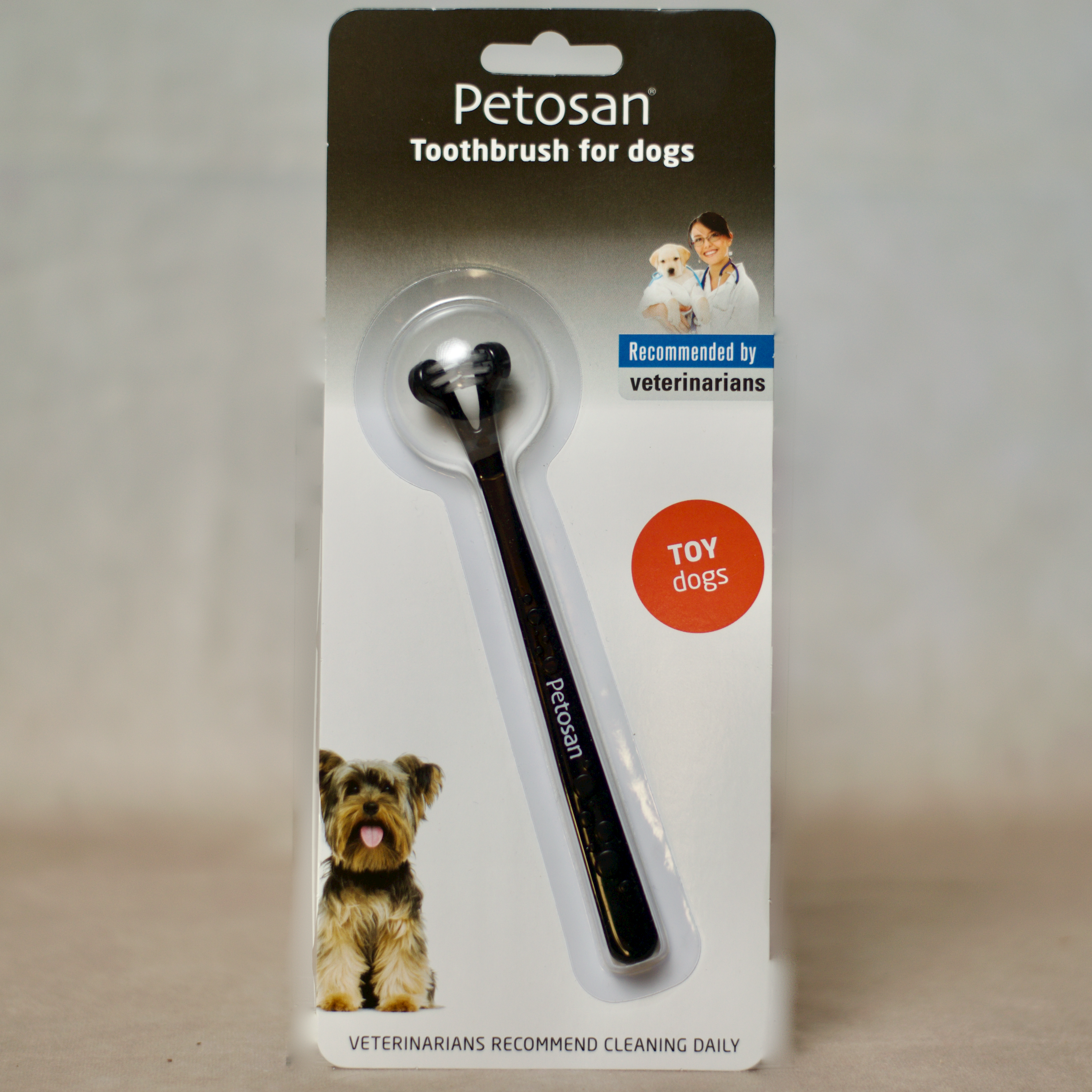 Schwarze Zahnbürste für kleine Hunde von Petosan in Blisterverpackung