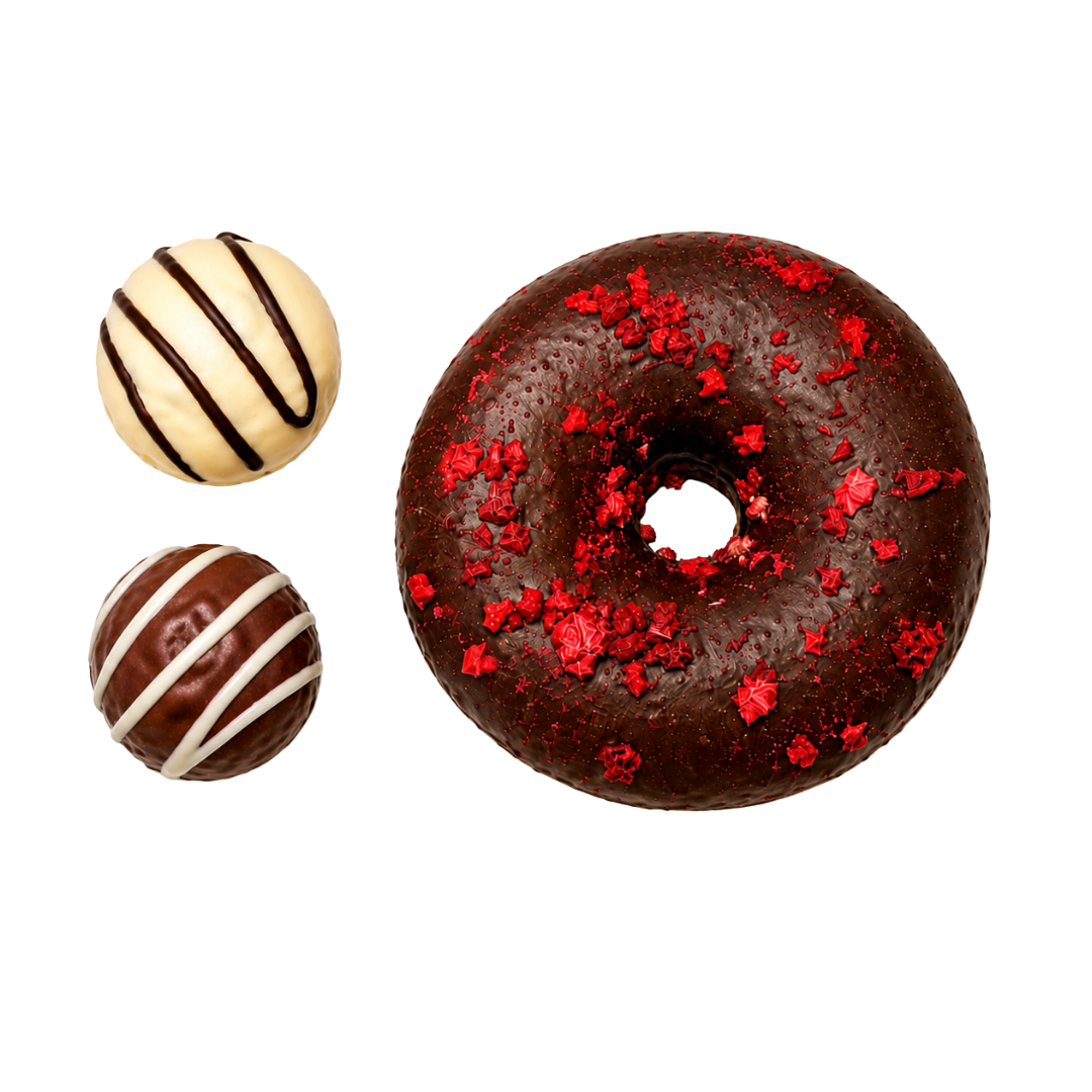 1 brauner Donut, 1 weisse und 1 braune Leckerlikugel