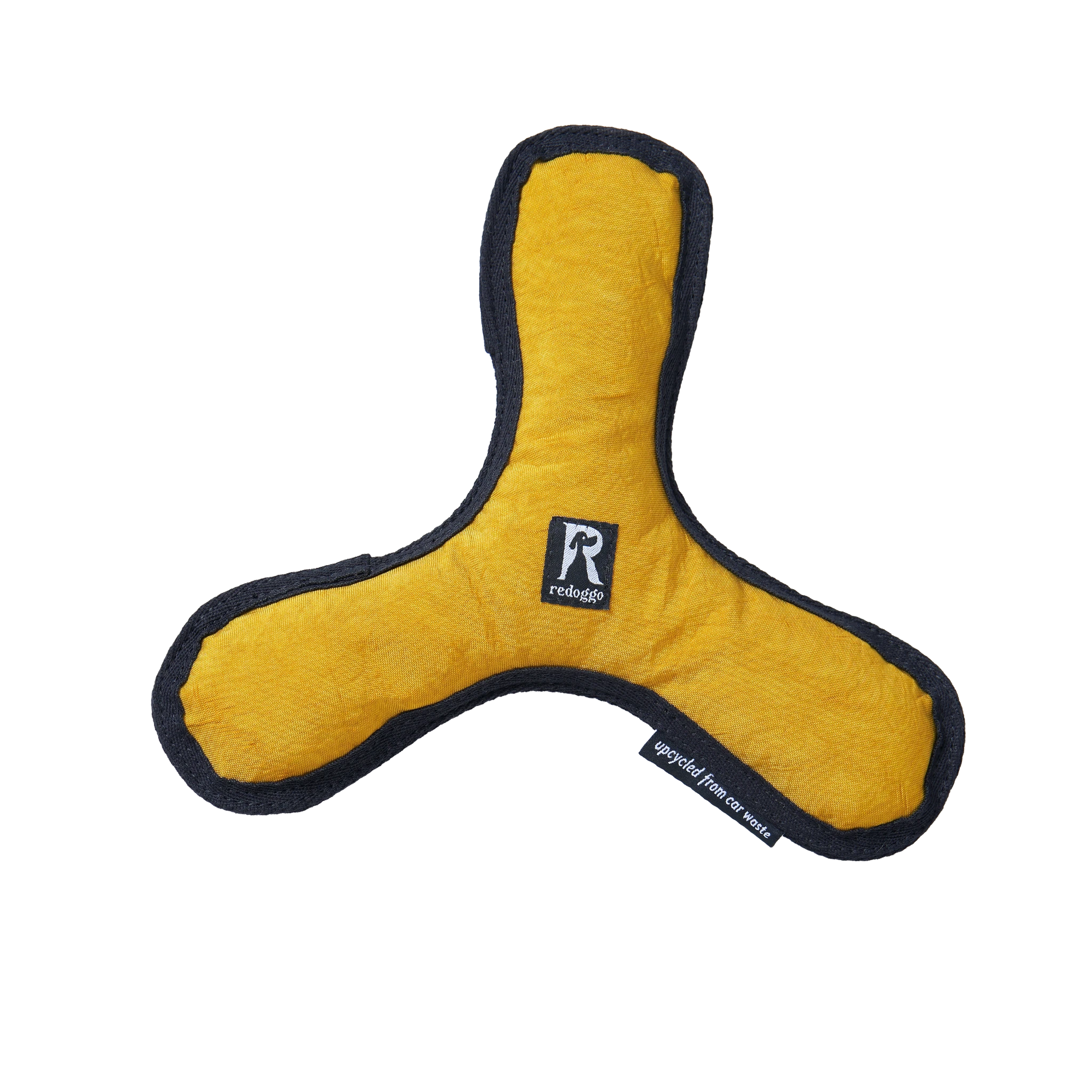 Gelb-schwarzer Redoggo Hunde-Bumerang aus robustem upgecyceltem Airbag-Material mit sichtbarem Redoggo-Logo.