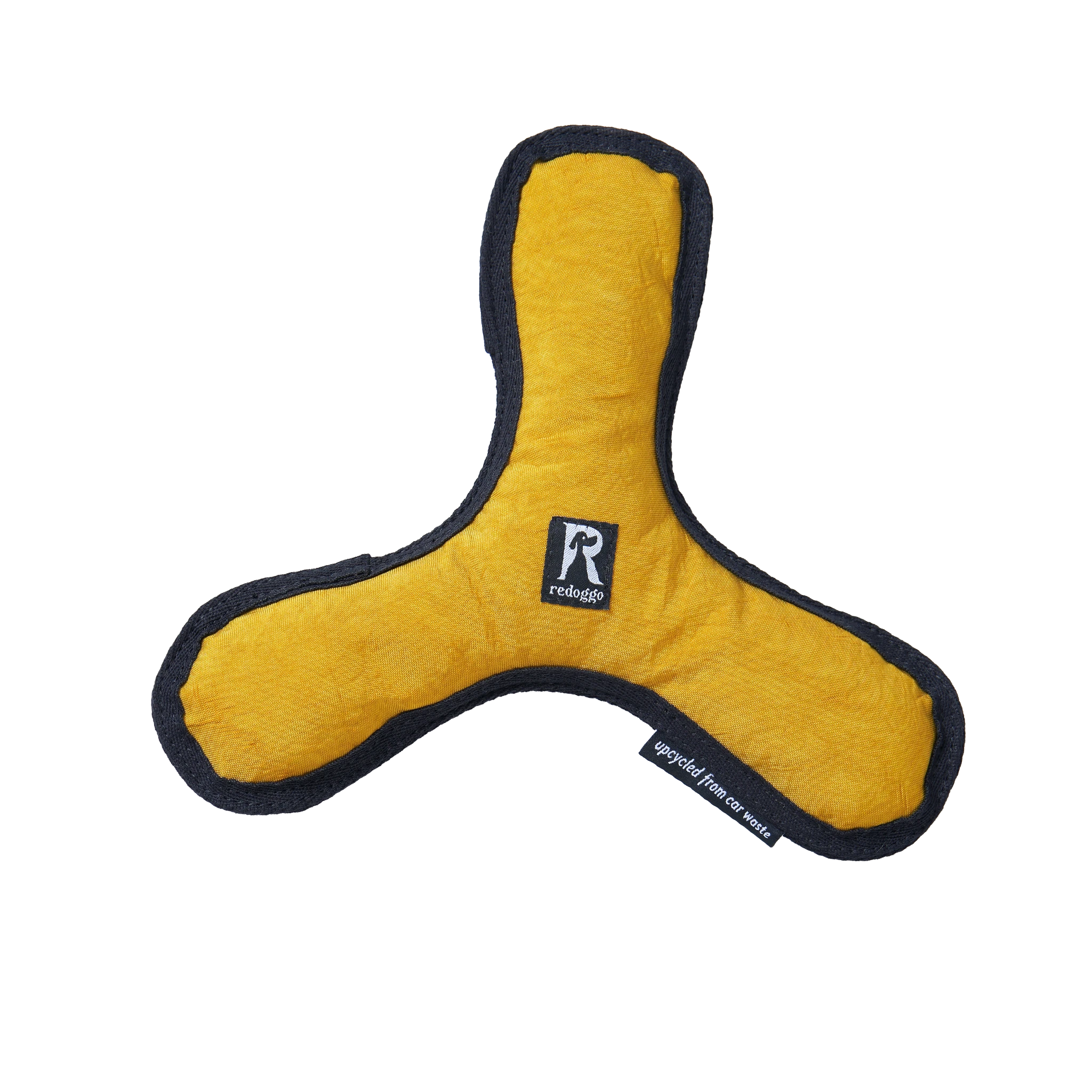Gelb-schwarzer Redoggo Hunde-Bumerang aus robustem upgecyceltem Airbag-Material mit sichtbarem Redoggo-Logo.