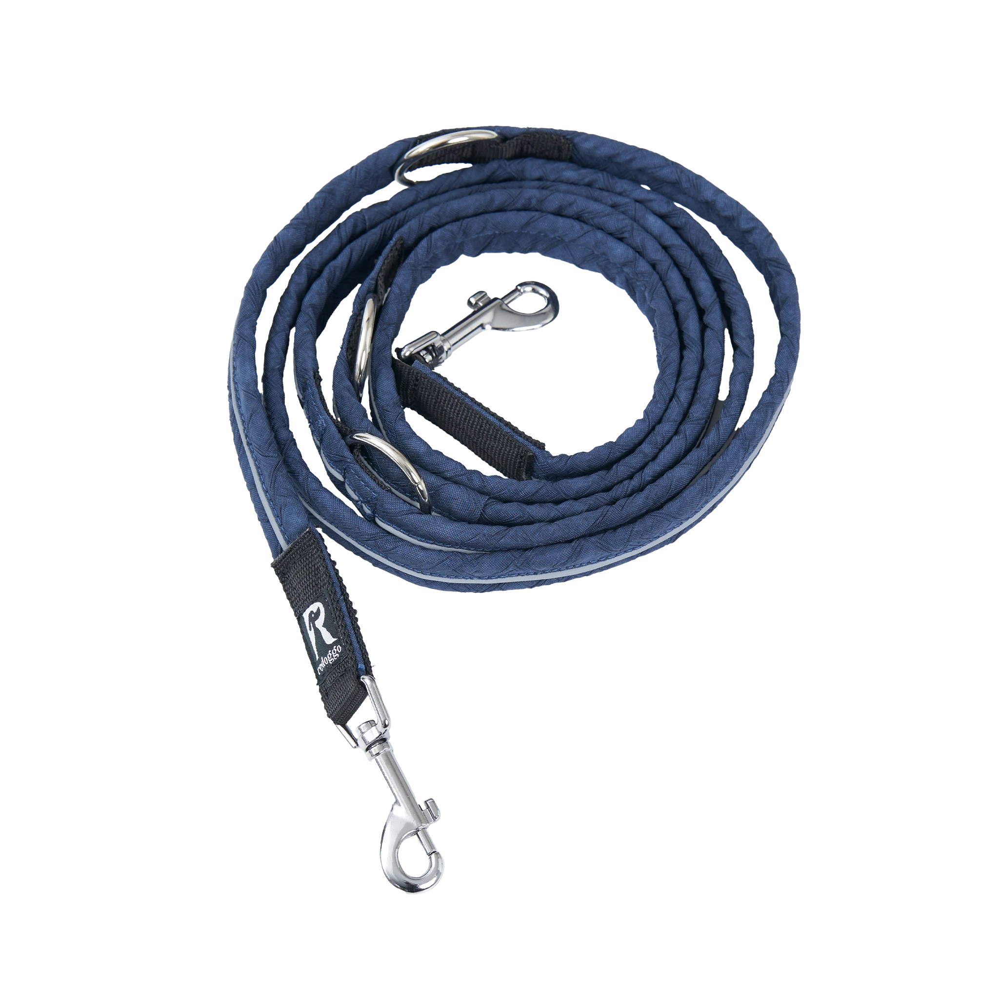 Hundeleine aus blauem, upgecyceltem Airbag-Material, zusammengerollt mit stabilem Metallkarabiner
