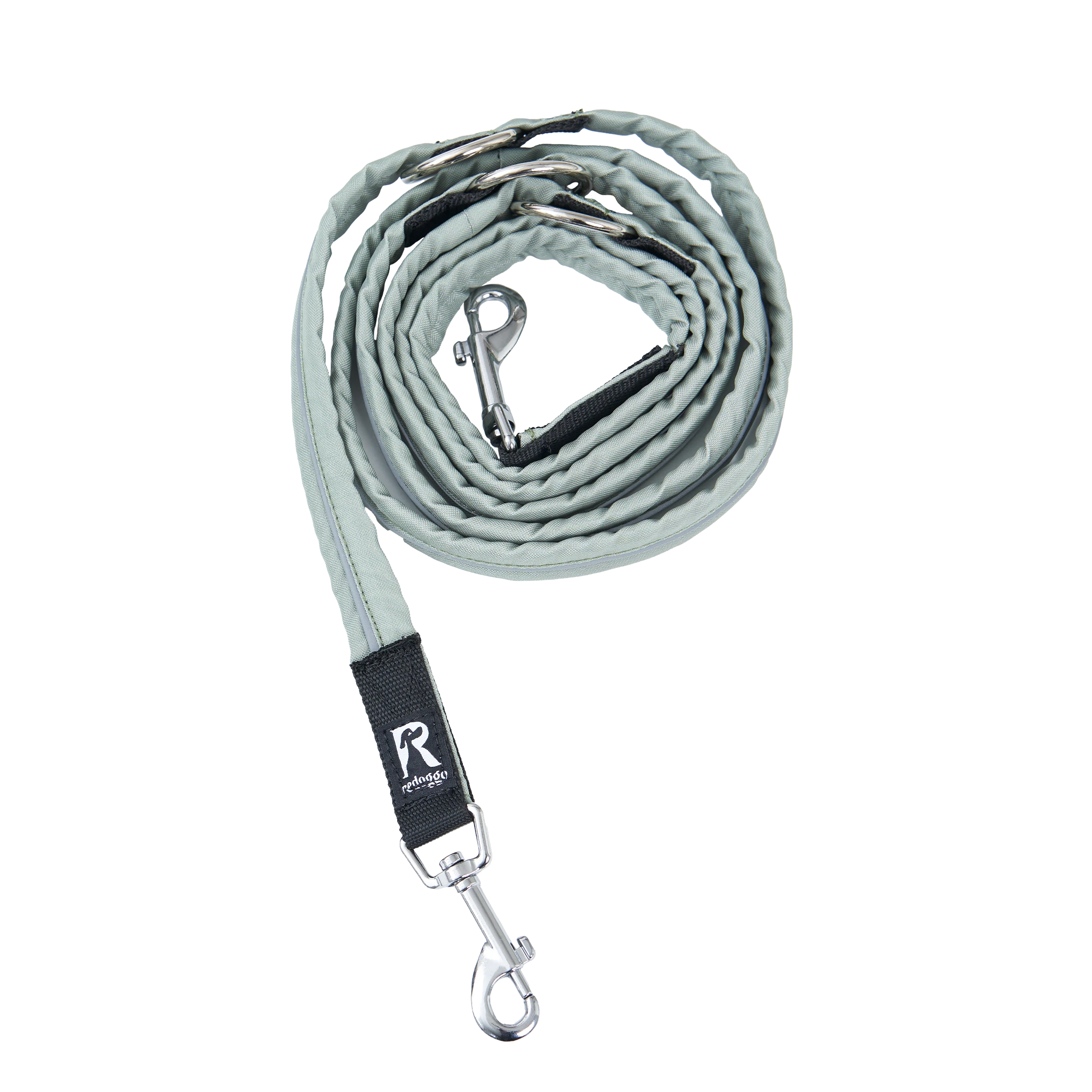 Hundeleine aus mintgrünem, upgecyceltem Airbag-Material, zusammengerollt mit stabilem Metallkarabiner
