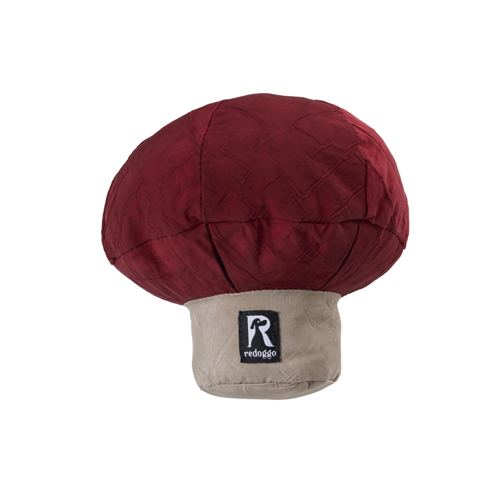 Redoggo Hundespielzeug Pilz aus robustem Stoff in Bordeaux und Beige, nachhaltiges Spielzeug für Hunde mit Markenlabel, ideal für interaktives Spielen und Apportieren