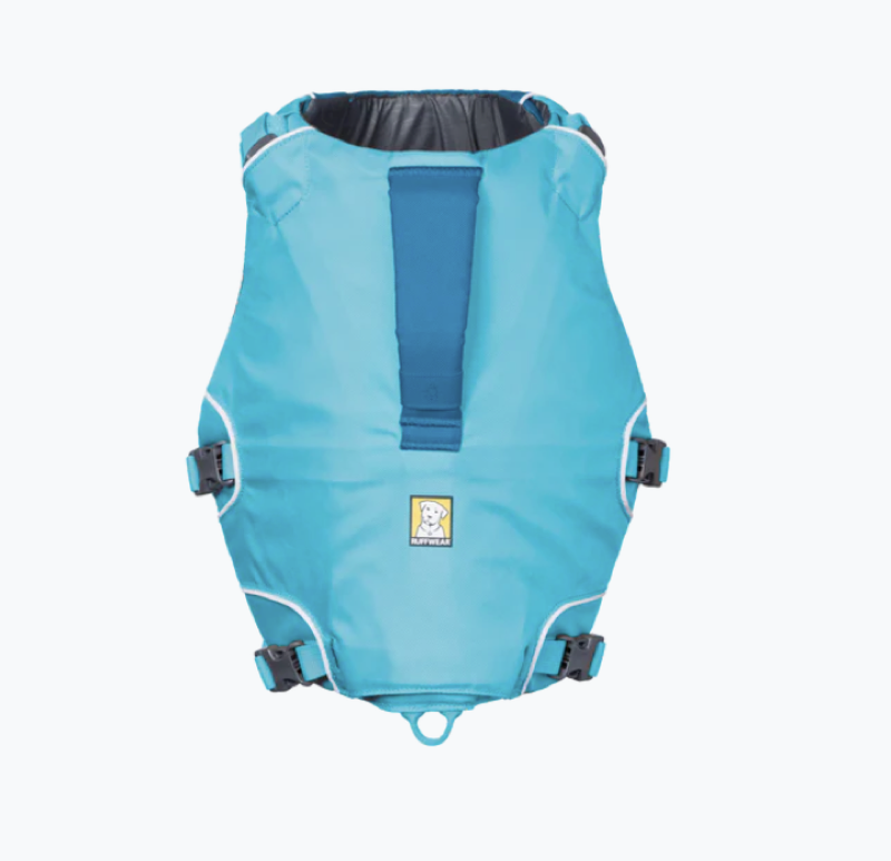 Blaue Ruffwear Confluence Schwimmweste für Hunde mit verstellbaren Gurten, robustem Rückengriff und ergonomischer Passform für sicheres Schwimmen. Draufsicht