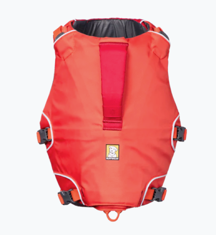 Rote Ruffwear Confluence Schwimmweste für Hunde mit verstellbaren Gurten, robustem Rückengriff und ergonomischer Passform für sicheres Schwimmen. Draufsicht