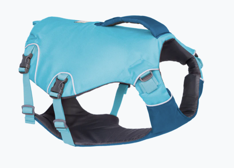 Blaue Ruffwear Confluence Schwimmweste für Hunde mit verstellbaren Gurten, robustem Rückengriff und ergonomischer Passform für sicheres Schwimmen