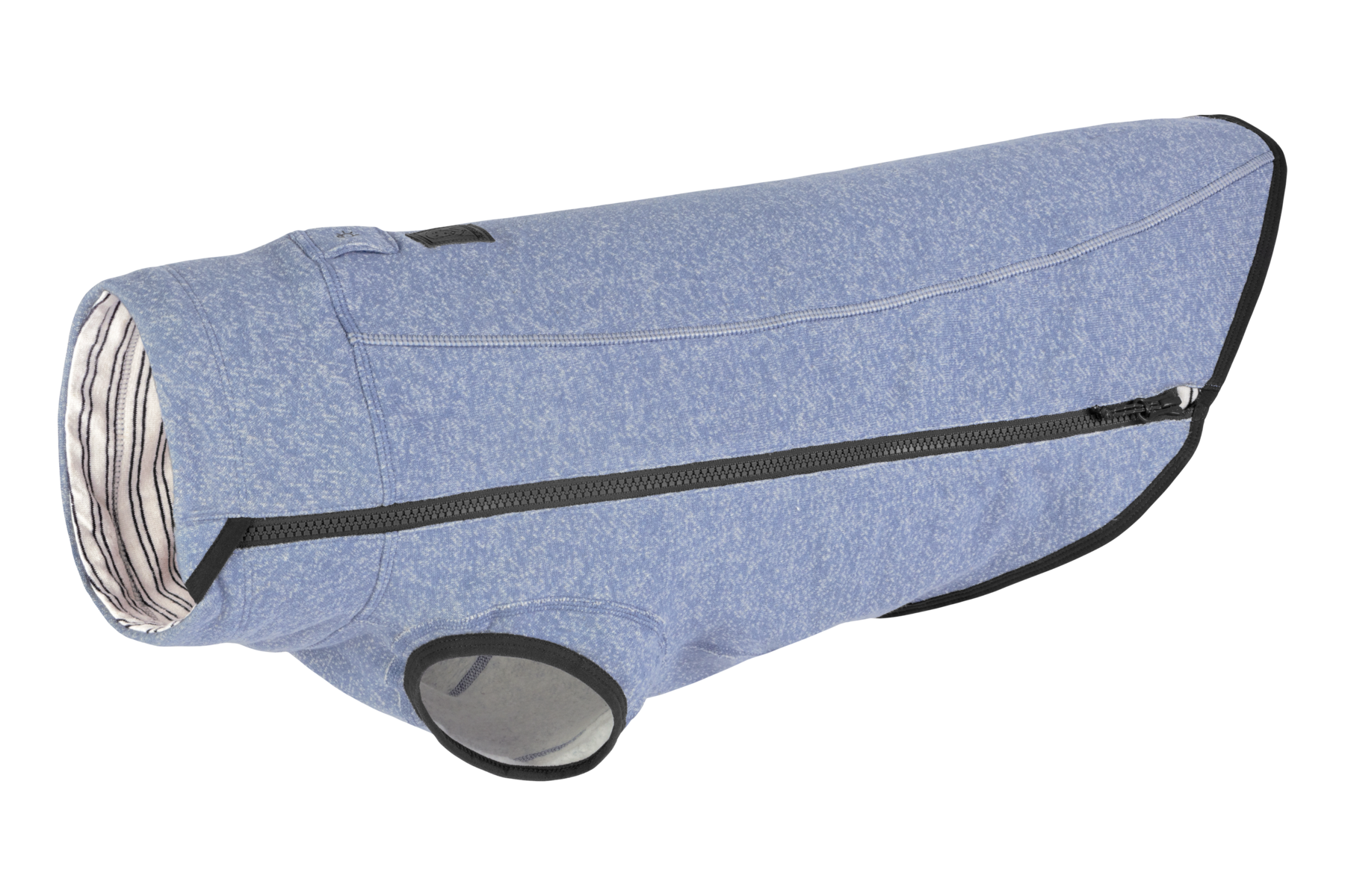 Blauer Ruffwear Hemp Hound Hundepullover mit seitlichem Reißverschluss, großzügigen Ärmelöffnungen und weichem Strickmaterial für Wärme und Bewegungsfreiheit. Seitenansicht