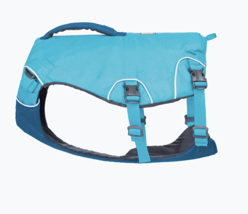 Blaue Ruffwear Confluence Schwimmweste für Hunde mit verstellbaren Gurten, robustem Rückengriff und ergonomischer Passform für sicheres Schwimmen