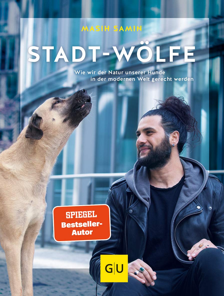 Buchcover Stadtwölfe von Masih Samin. Mann sitzt mit Hund vor Glasfassade