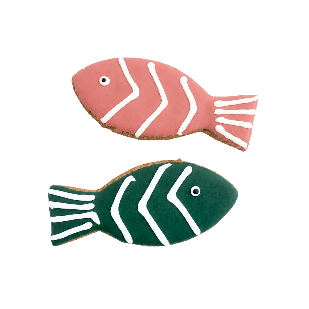 2 Fischförmige Hundekekse in grün und rot