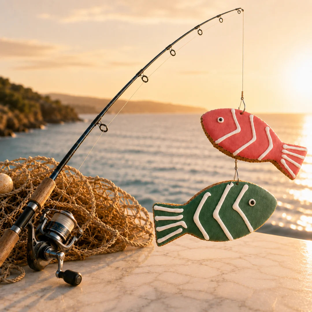 Grüner und Roter Fischförmiger Hundekeks an Angel vor Sonnenuntergang am Meer