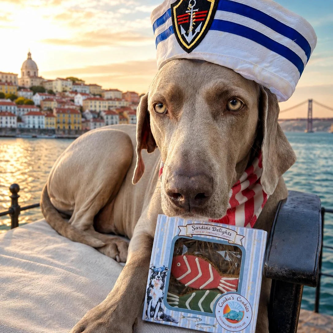 Großer Hund liegt auf Polster vor einer Packung Hundekekse.Im Hintergrund eine Stadt am Meer