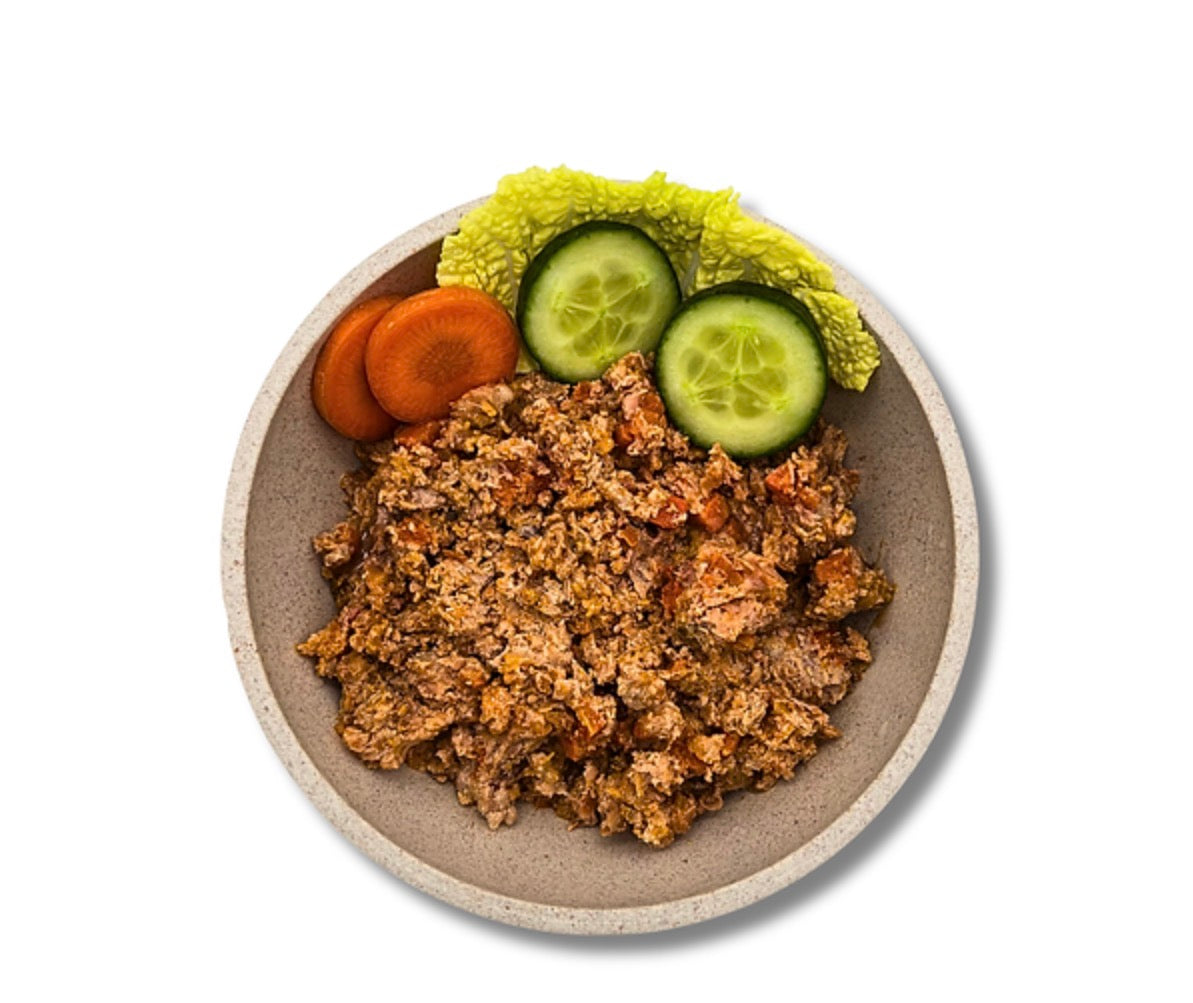 Schale mit Nassfutter und Gemüse für Hunde 
