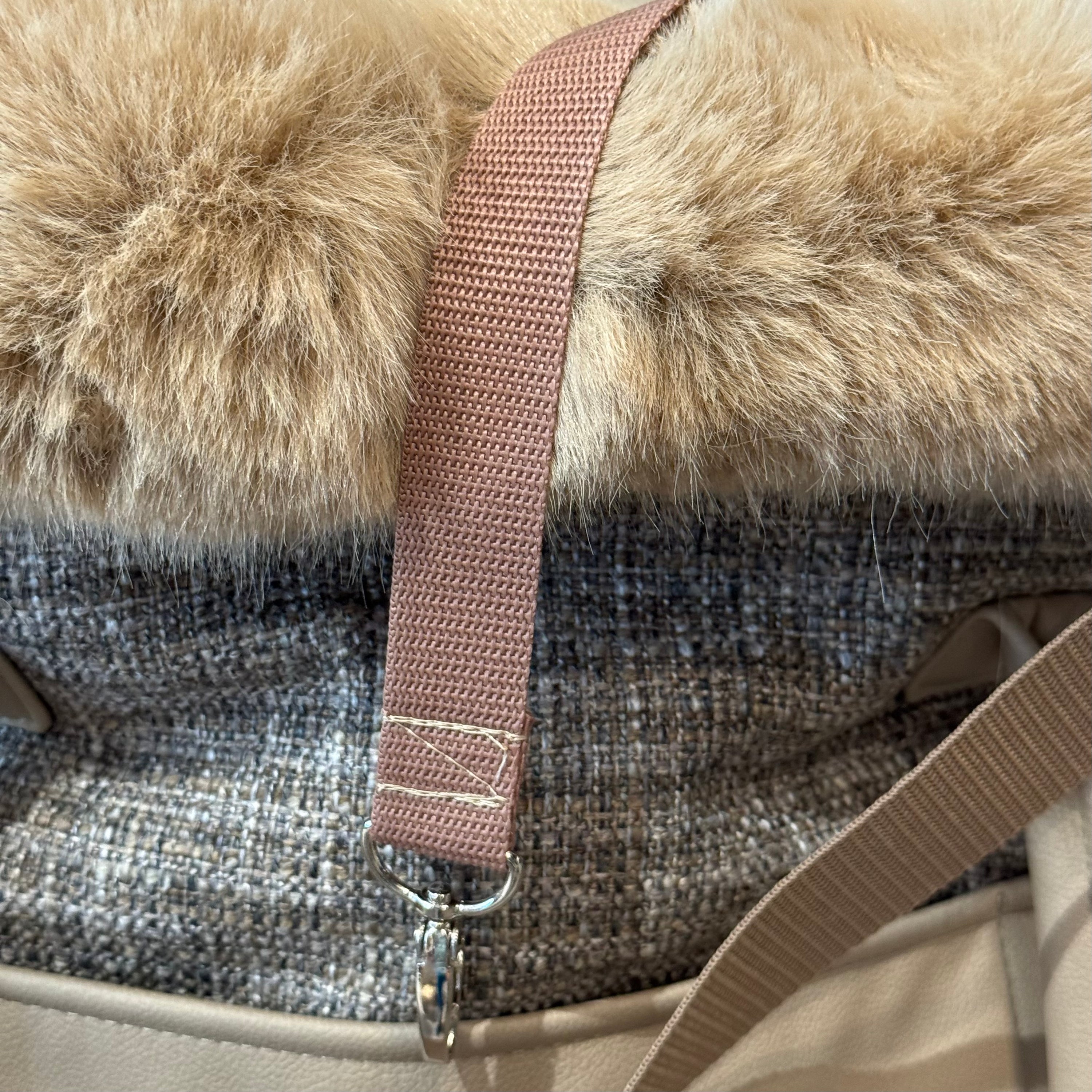 Einen Auschnitt von einer Hundetasche mit Sicherheitsgurt 