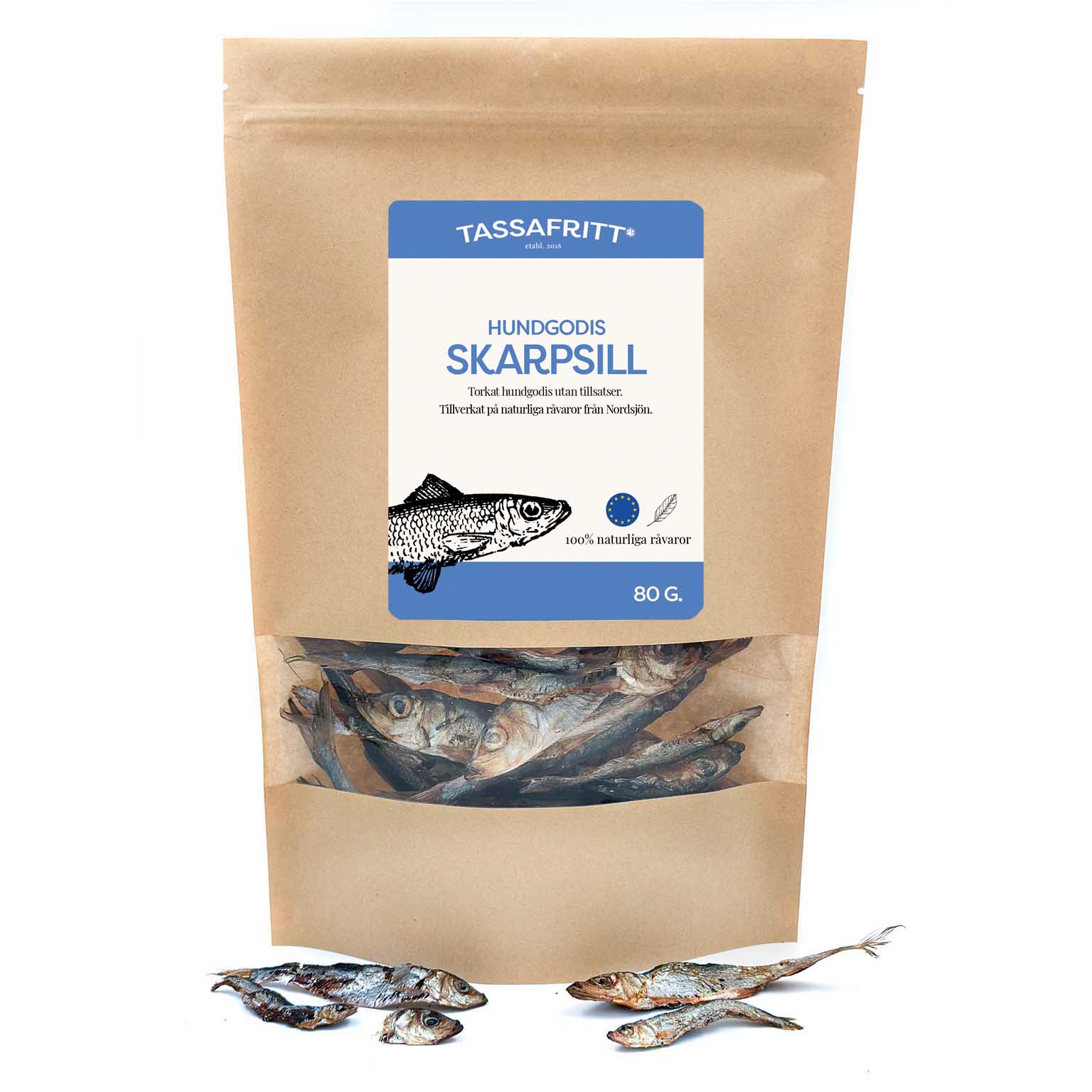 braune Tüte mit blau-weißem Labe.und gezeichnetem Fisch. Hundeleckerli Sprotte
