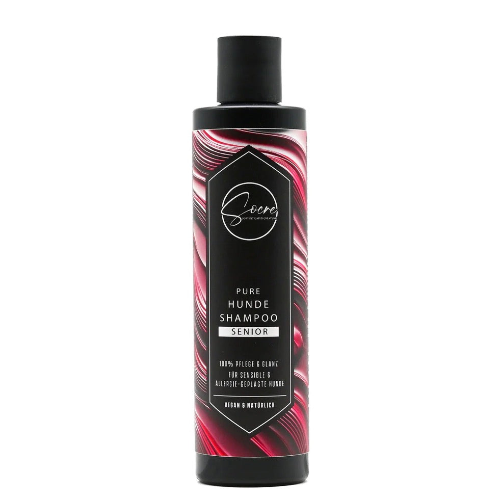 Eine Shampoo Flasche für Senioren Hunde 