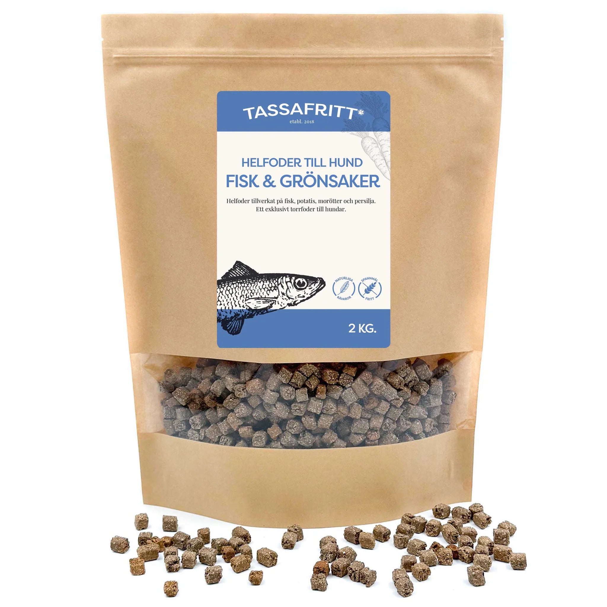 Braune Tüte mit Sichtfenster und blau-weißem Label. Inhalt Alleinfutter Fisch und Gemüse für Hunde