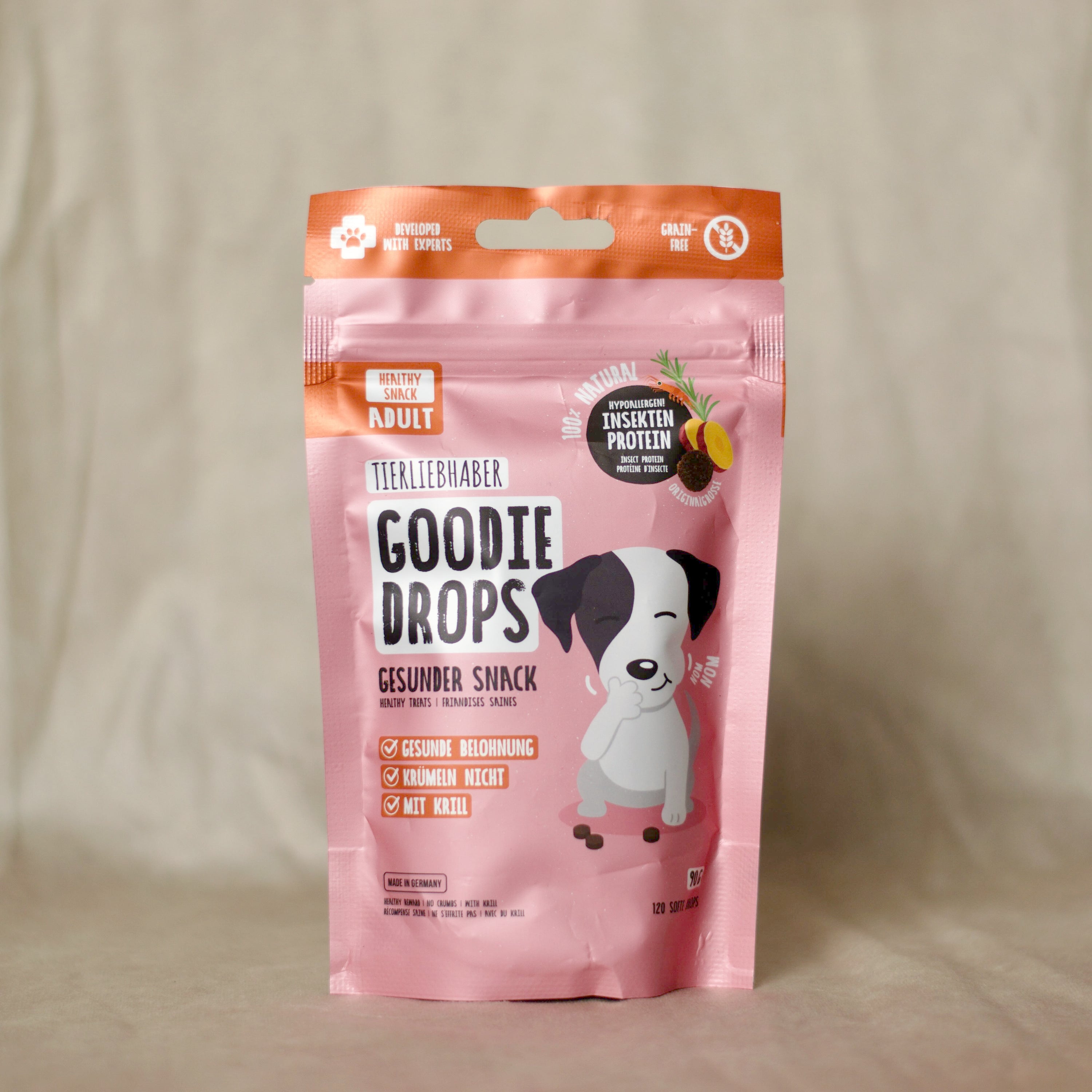 Tierliebhaber Goodie Drops für Hunde in rosafarbenem Beutel, hochwertige Hundeleckerlis als Belohnung, 