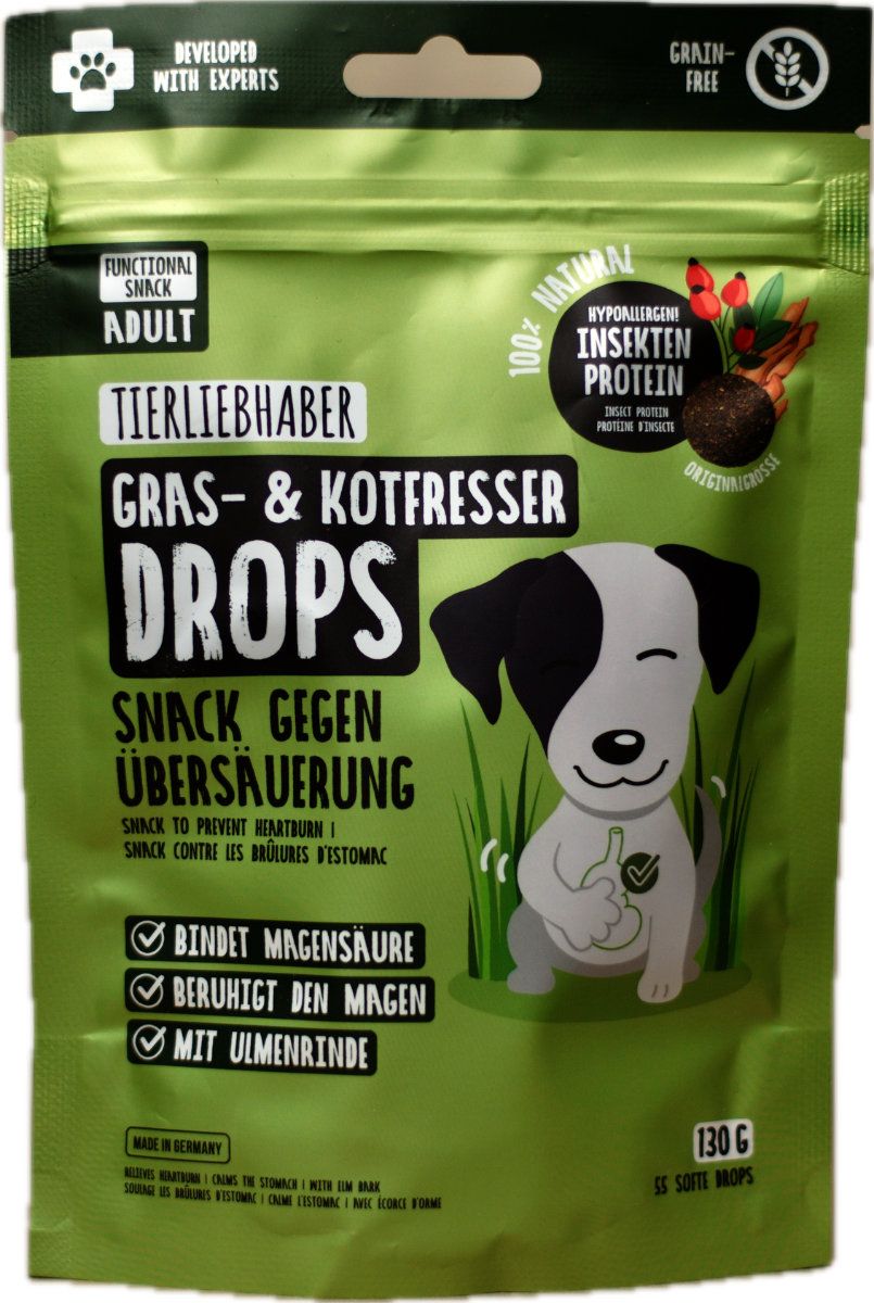 Tierliebhaber Gras- & Kotfresser Drops für Hunde, funktionale Snacks gegen Übersäuerung des Magens, mit Insektenprotein und Ulmenrinde, 130 g Beutel