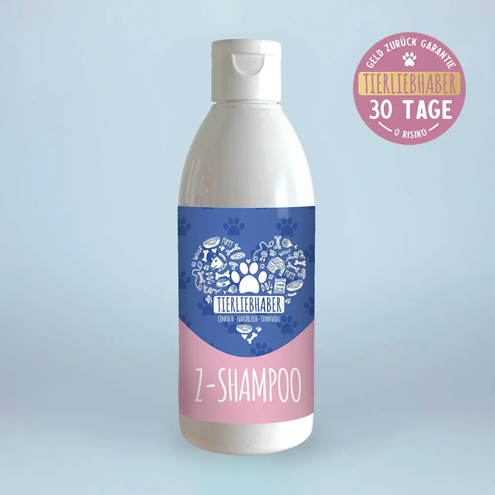 Tierliebhaber Z-Shampoo für Hunde – mildes Hundeshampoo in weißer Flasche mit blau-rosa Etikett, sanfte Reinigung für Fell und Haut