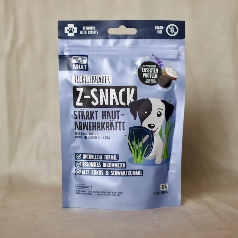 Tierliebhaber Z-Snack für Hunde zur Unterstützung der Hautbarriere, funktionaler Hundesnack mit Insektenprotein, Kokos und Schwarzkümmel, 130 g Beutel