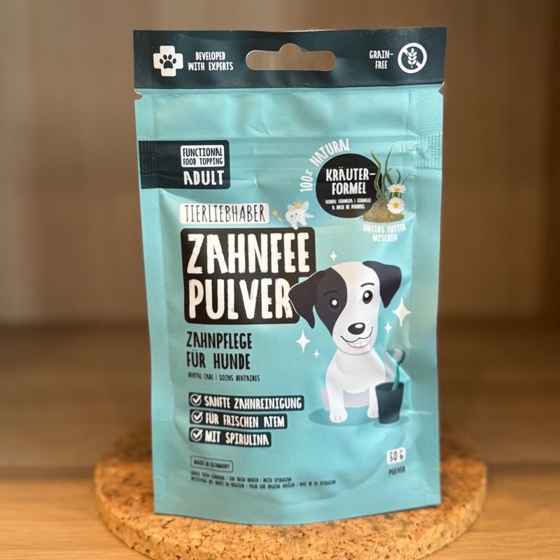 Tierliebhaber Zahnfee Pulver für Hunde, natürliches Zahnpflegepulver mit Kräuterformel zur Reinigung der Zähne und Unterstützung der Maulhygiene, Beutel