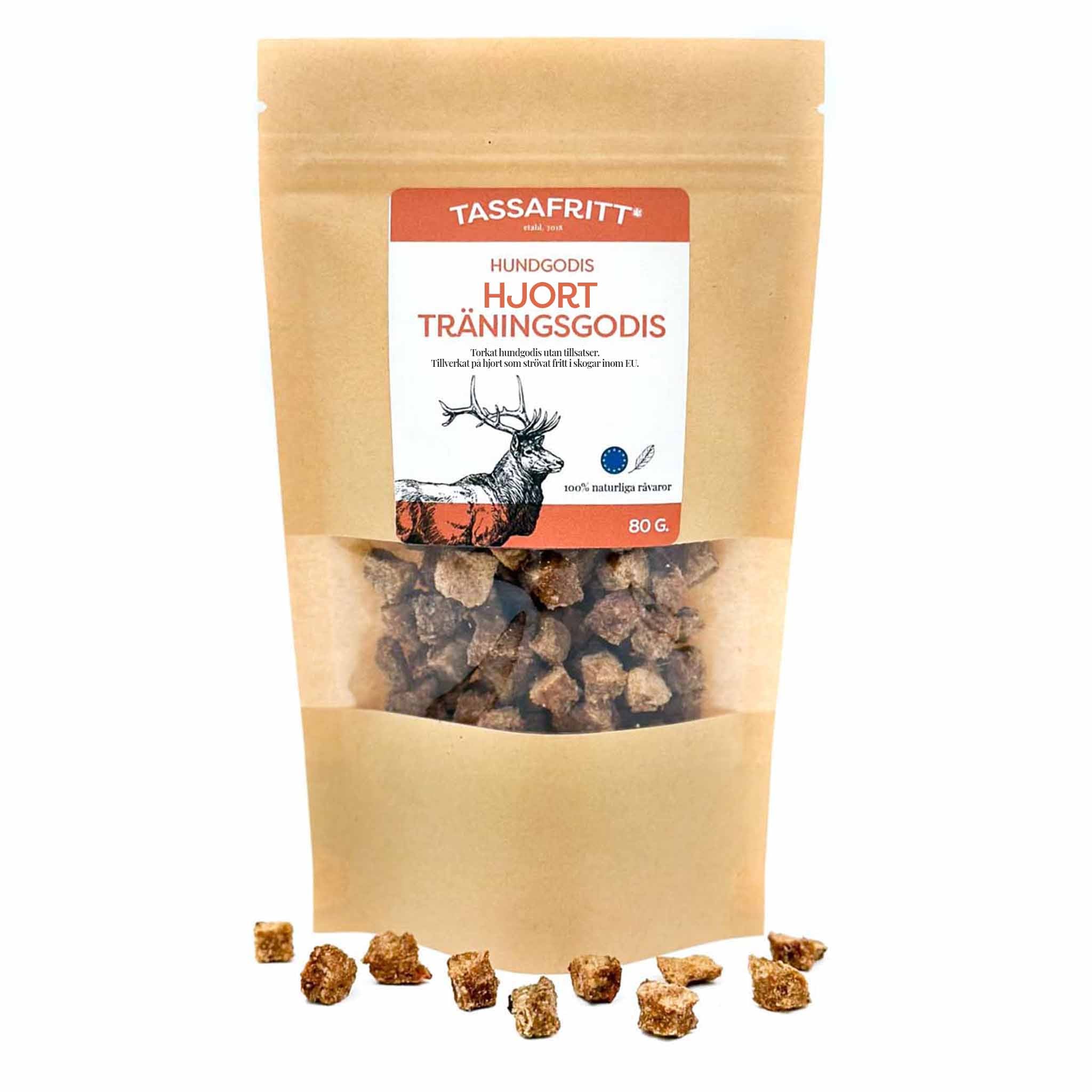 braune Tüte mit dunkelrot- weißem label mit gezeichnetem Hirsch. Trainingsleckerlis Hirsch für Hunde