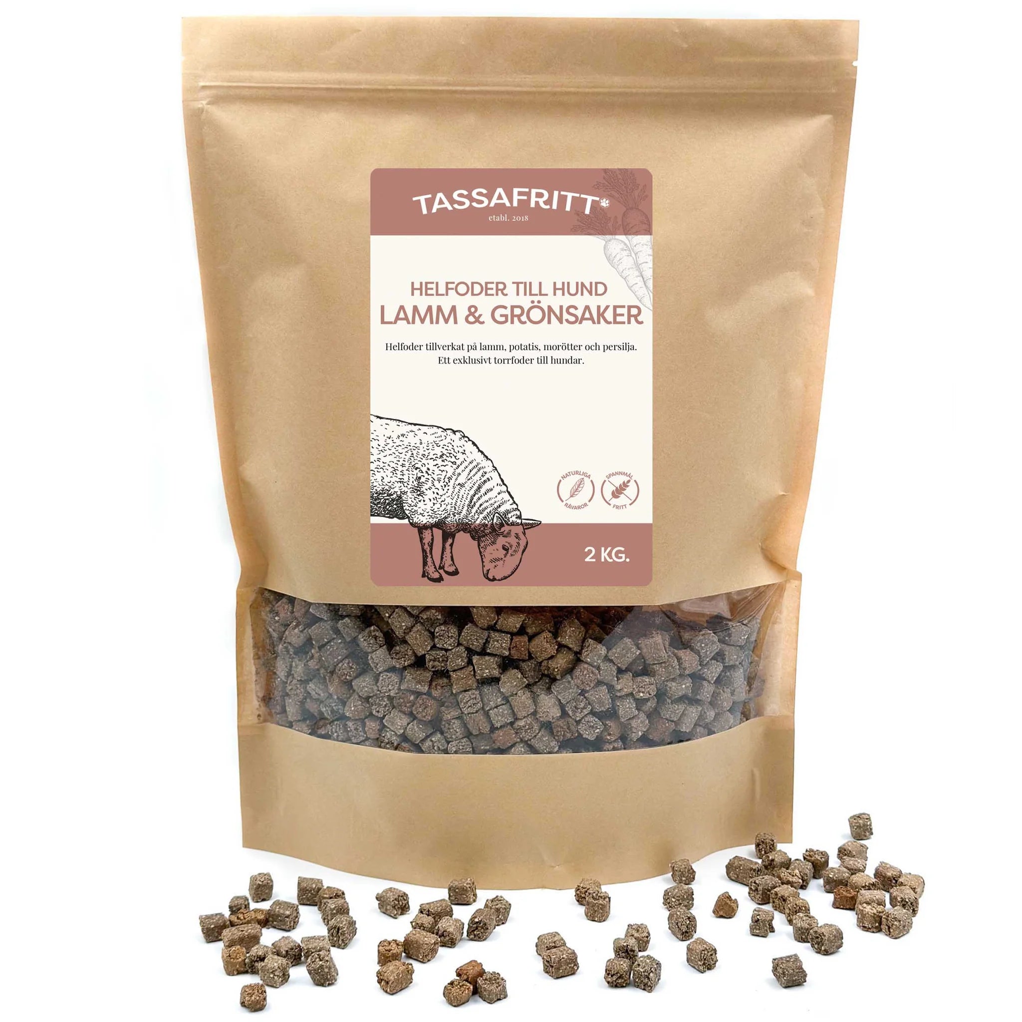 braune Tüte mit Sichtfenster und braun-weißem Label. Trockenfutter für Hunde Lamm.