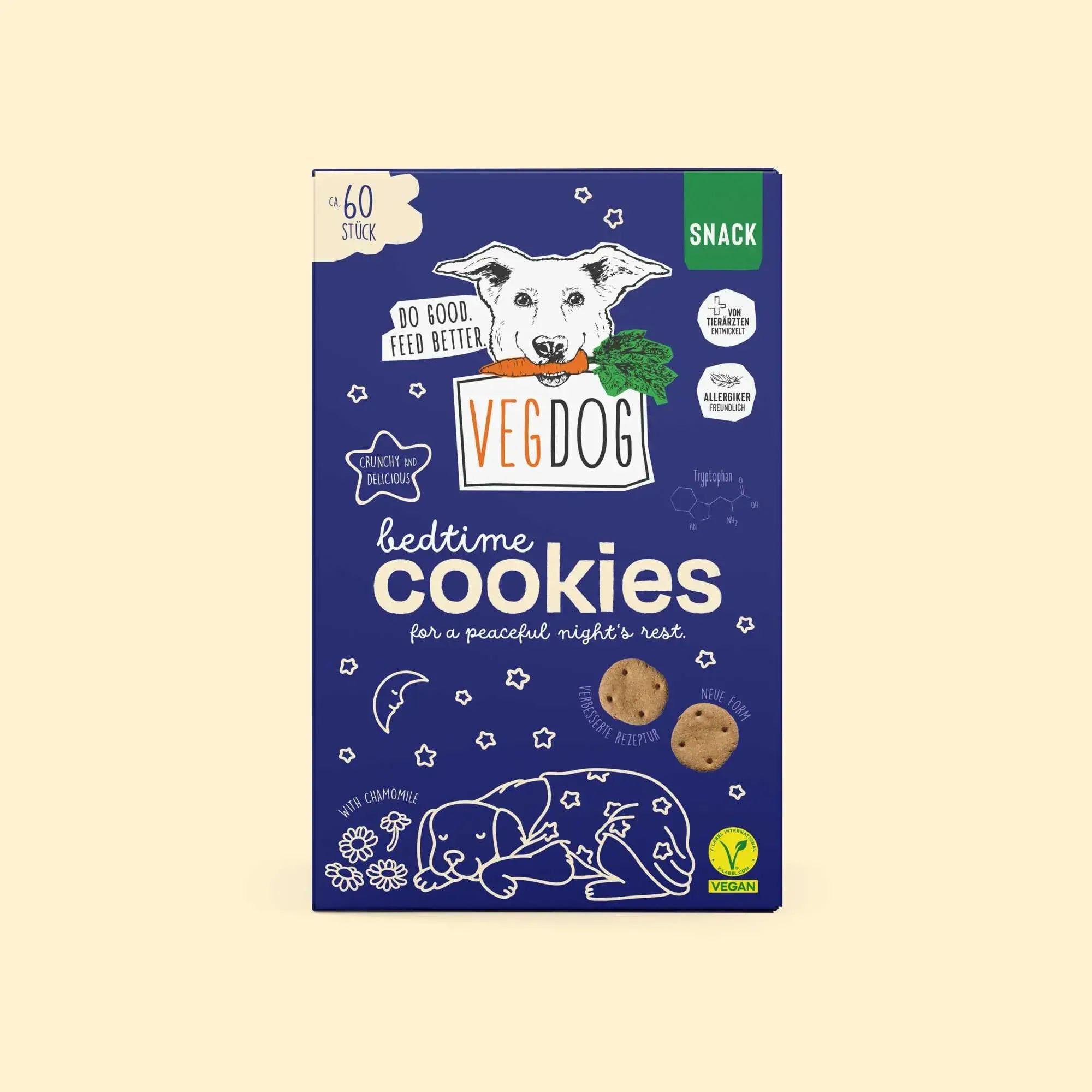VEGDOG Bedtime Cookies für Hunde, veganer Snack mit Kamille für eine ruhige Nacht, knusprige Hundekekse in blauer Verpackung, ca. 60 Stück