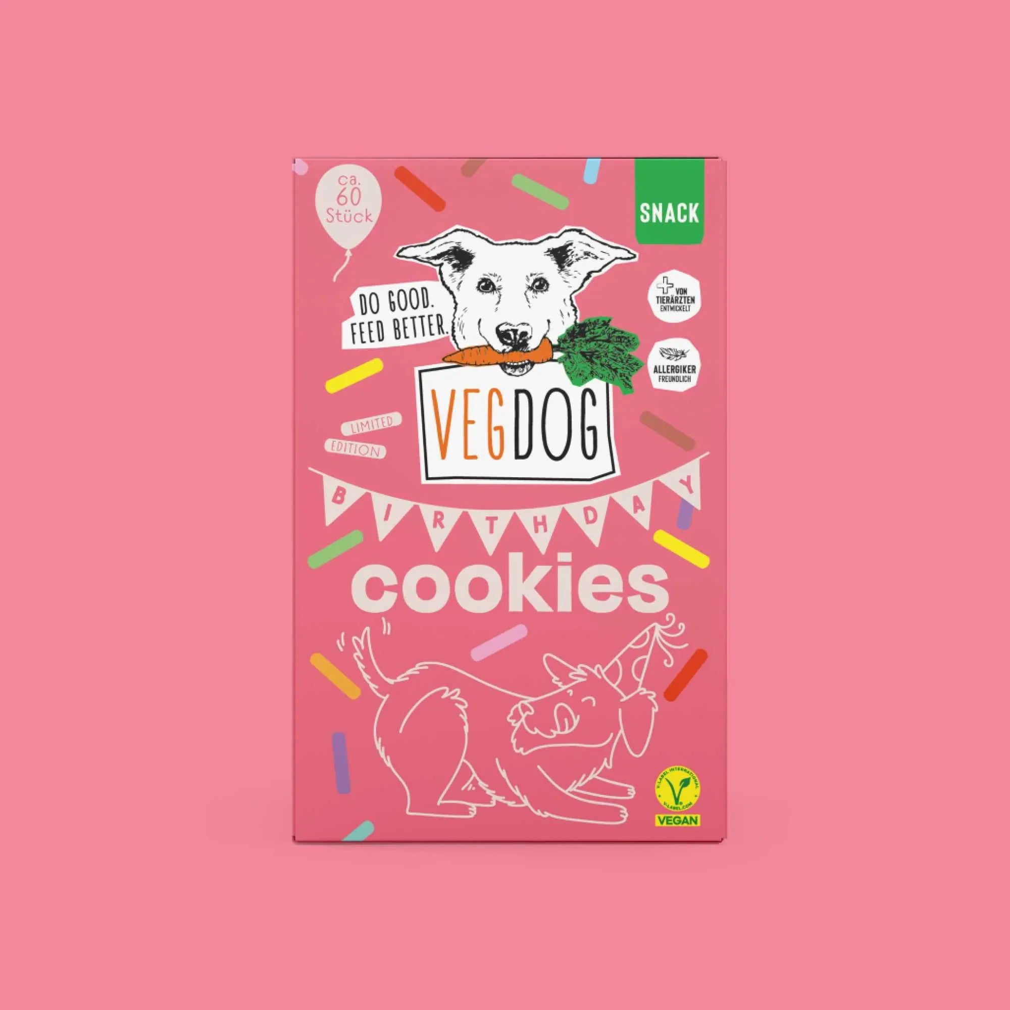 VEGDOG Birthday Cookies für Hunde, veganer Snack in limitierter Geburtstagsedition, knusprige Hundekekse in pinker Verpackung, ca. 60 Stück