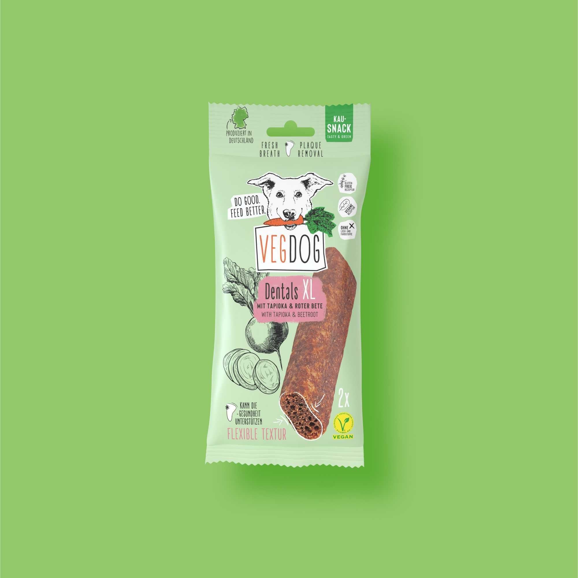 VEGDOG Dentals XL für Hunde, veganer Kau-Snack zur Zahnpflege mit Tapioka und roter Beete, flexible Textur, 2 Stück