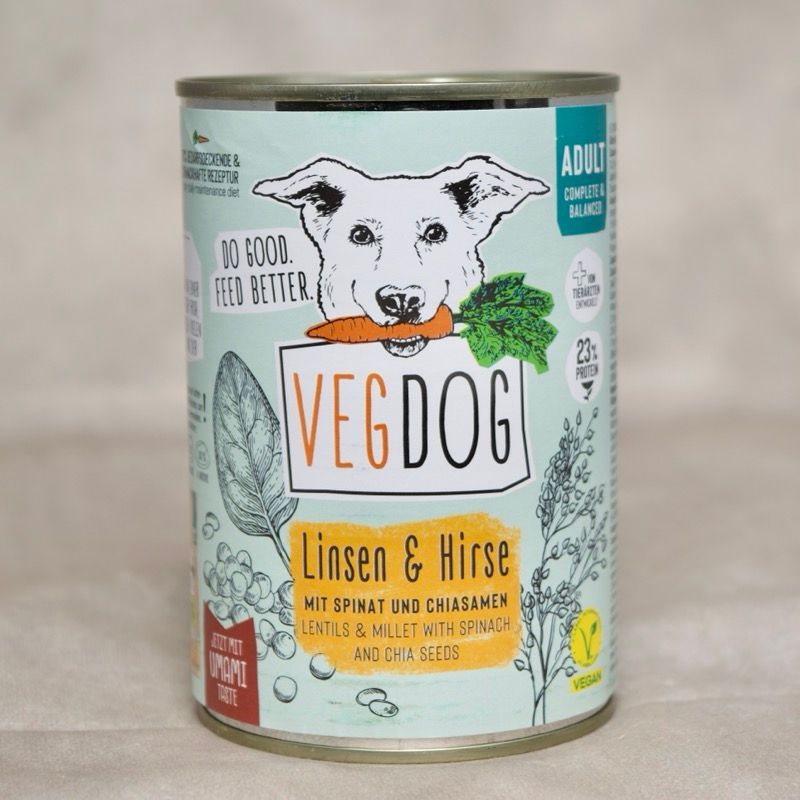 VEGDOG Linsen & Hirse für Hunde (Adult), veganes Nassfutter mit Spinat und Chiasamen, vollwertiges Alleinfuttermittel in der Dose