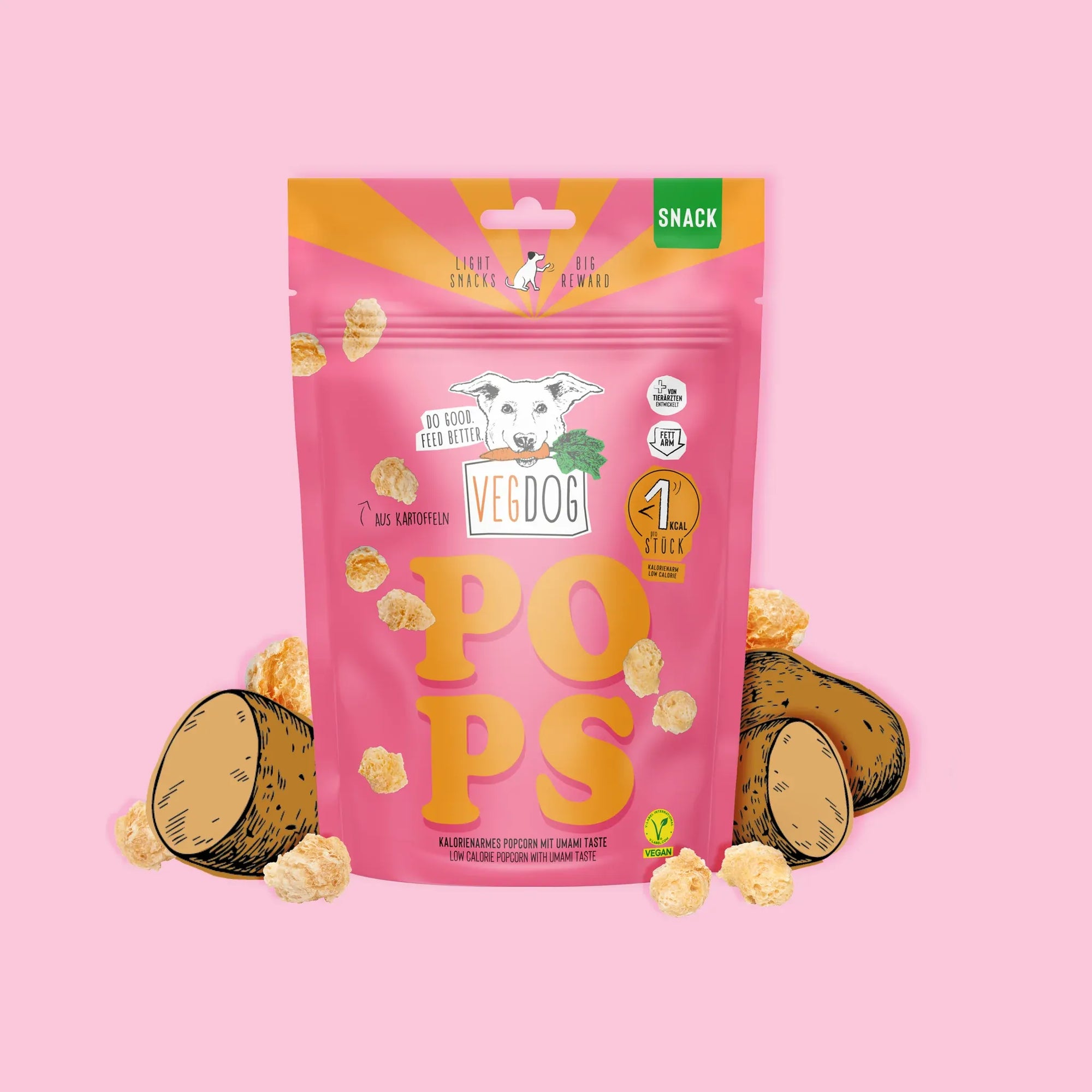 VEGDOG Pops für Hunde, veganer kalorienarmer Trainingssnack aus Kartoffeln, knusprige Mini-Happen in pinker Verpackung