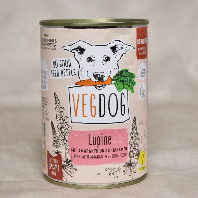 VEGDOG Sensitive Lupinenprotein für Hunde, veganes Alleinfuttermittel für ernährungssensible Hunde, frei von Soja und Gluten, 400 g Dose