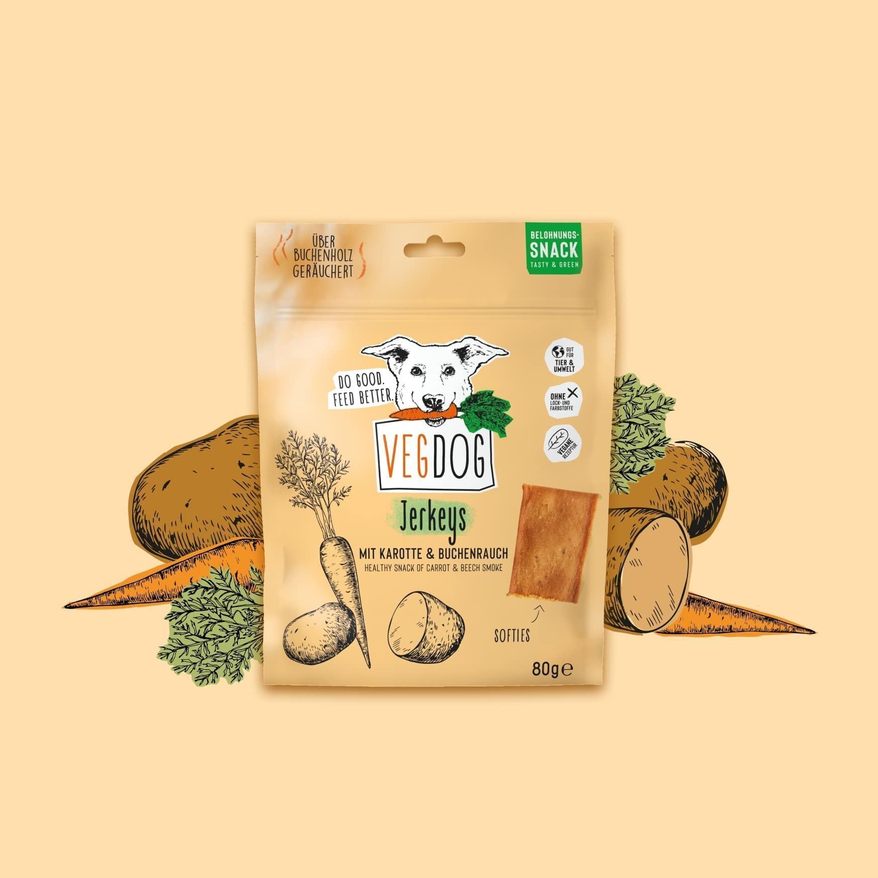 VEGDOG Jerkeys für Hunde, veganer Belohnungssnack mit Karotte, über Buchenholz geräuchert, Softies in Verpackung, 80 g