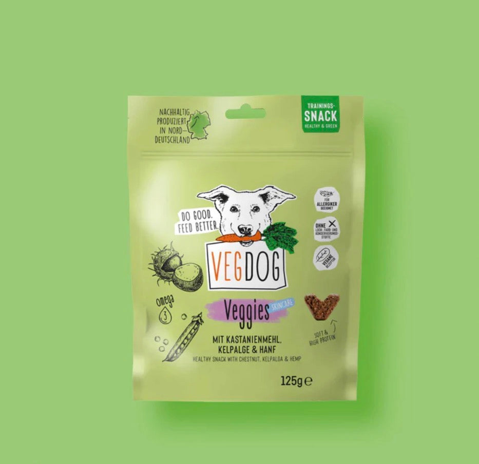 Vegdog Veggies Skincare Trainingssnack für Hunde, vegane Haut - und Fellpflege in nachhaltiger Verpackung 