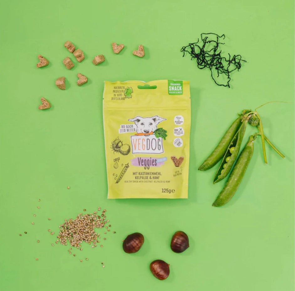 Vegdogr Veggies Skincare Trainingssnack für Hunde, vegane Haut - und Fellpflege in nachhaltiger Verpackung und Zutaten 