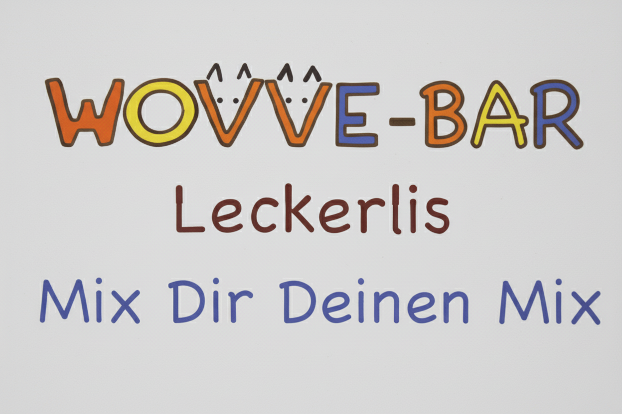 Schild mit Text mit bunten Buchstaben Wovve Bar, Leckerlis, mix dir deinen mix