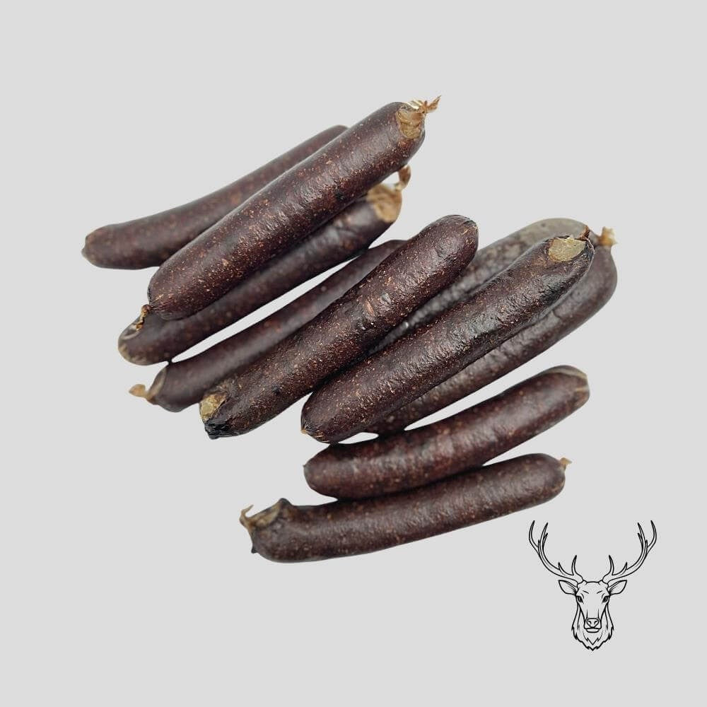 10 Wildwürstchen, Abbildung eines Hirschkopfes mit Geweih als Strichzeichnung
