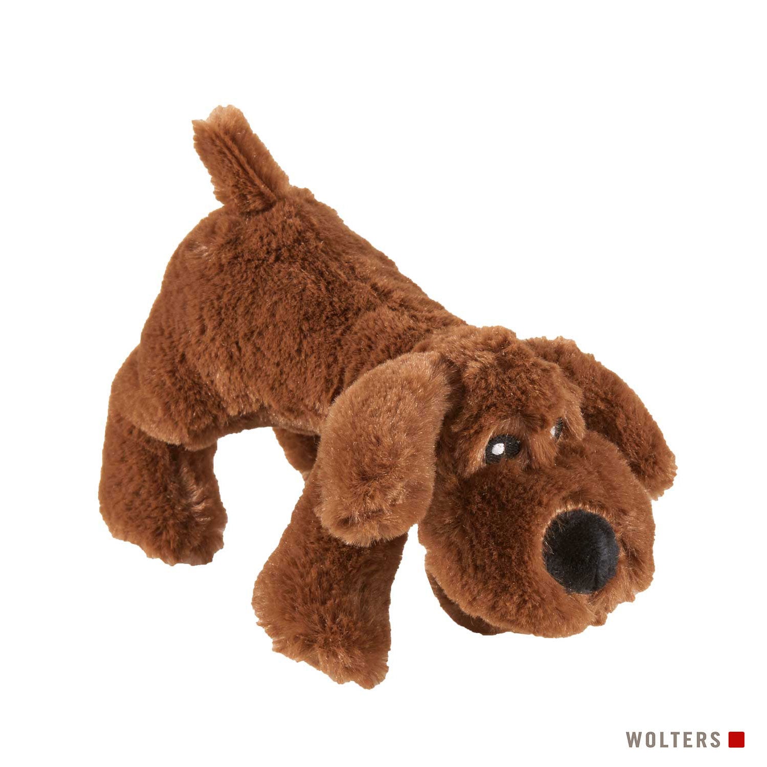 Wolter Plüschhund Hundespielzeug. Dunkelbrauner stehender Hund mit Schlappohren