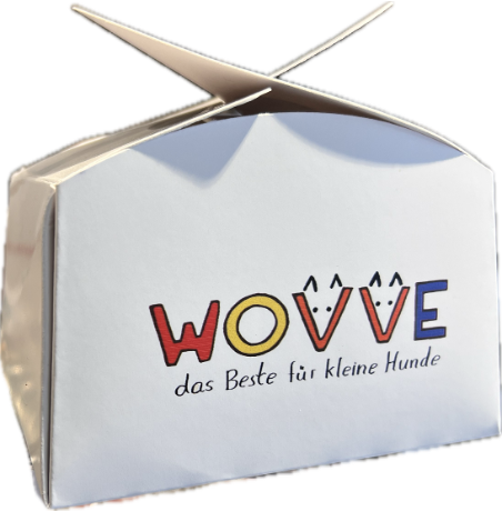 Pappschachtel mit buntem Schriftzug Wovve Bar, das Beste für kleine Hunde