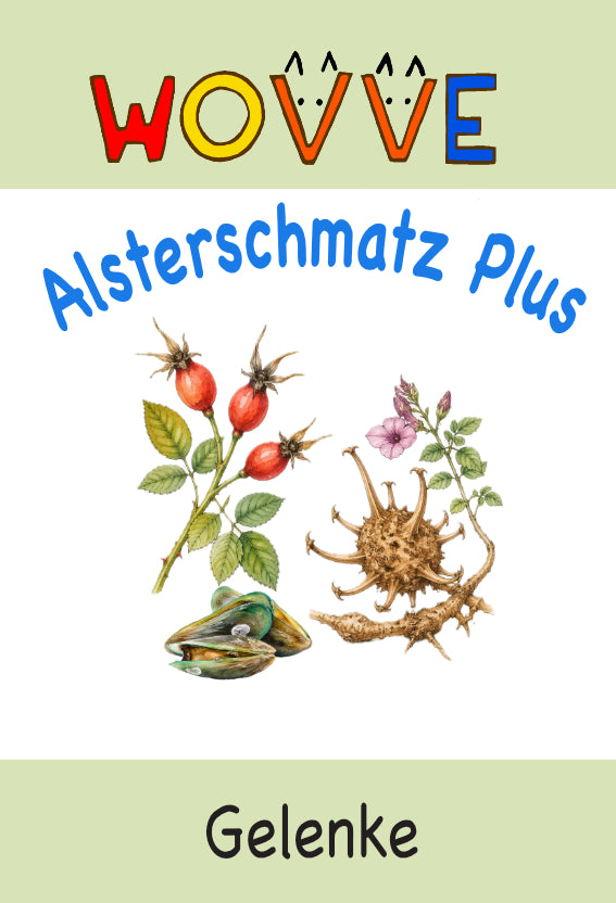 Produktlabel WOVVE Alsterschatz Plus für Gelenke. Darstellung der Pflanzen Teufelskralle und Hagebutte und Grünlippmuscheln  Aquarelloptik