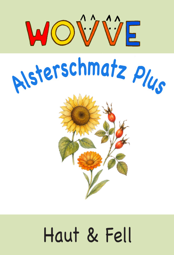 Produktlabel WOVVE Alsterschatz Plus für Haut und Fell. Darstellung einer Sonnenblume, einer Ringelblume und Hagebutte in Aquarelloptik