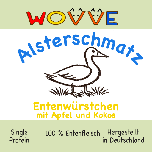 Verpackungslabel für Entenwürstchen der Marke WOVVE Alsterschmatz. Strichzeichnung Ente