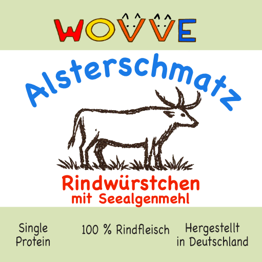 Verpackungslabel von Rindwürstchen der Marke Wovve Alsterschmatz mit einem gezeichneten Rind 