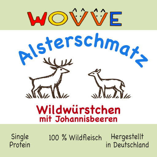 Verpackungslabel für Wildwürstchen der marke WOvve Alsterschmatz. Abbildung Strichzeichnung Hirsch und Reh stehen sich gegenüber