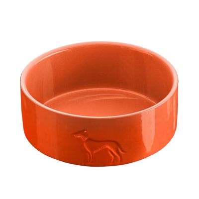 Hundenapfj Orange aus Keramik mit Hunderelief