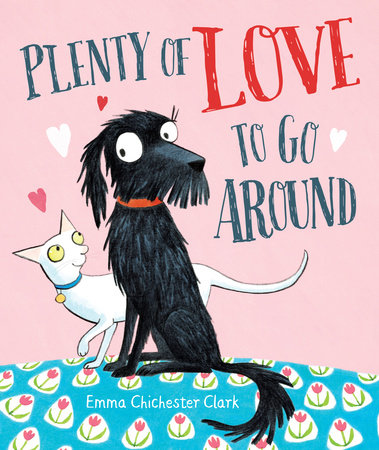 Kinderbuch ‚Plenty of Love to Go Around‘ mit Illustrationen eines schwarzen Hundes und einer weißen Katze auf rosa Hintergrund.